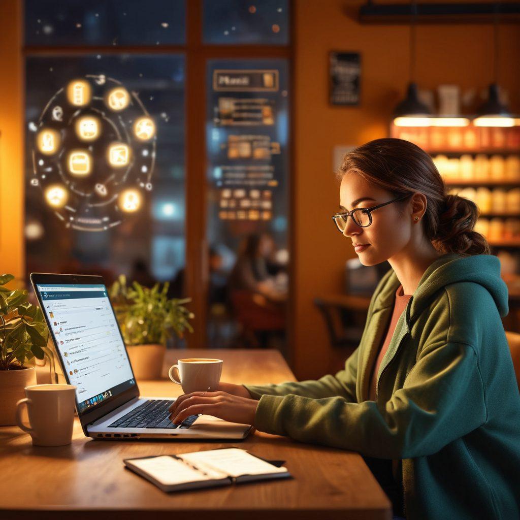 A cozy digital café scene showing a person enjoying coffee while typing on a laptop, with digital privacy symbols and social interaction icons hovering around. Warm, inviting lighting enhances the intimate atmosphere, while a transparent shield subtly represents privacy. Capture a sense of balance between solitude and connection in this modern setting. super-realistic. vibrant colors. warm tones.