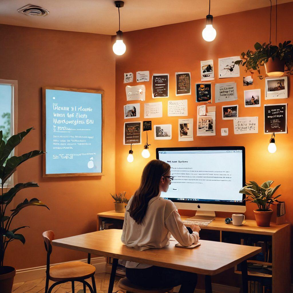 A cozy digital café setting with warm lighting, featuring a person sitting at a laptop, engaging in thoughtful conversation through a vibrant online diary on the screen. Include decorative elements like coffee cups, books, and plants to create an inviting atmosphere. Ethereal digital elements like floating text or speech bubbles to symbolize candid conversations. super-realistic. warm colors. soft focus.