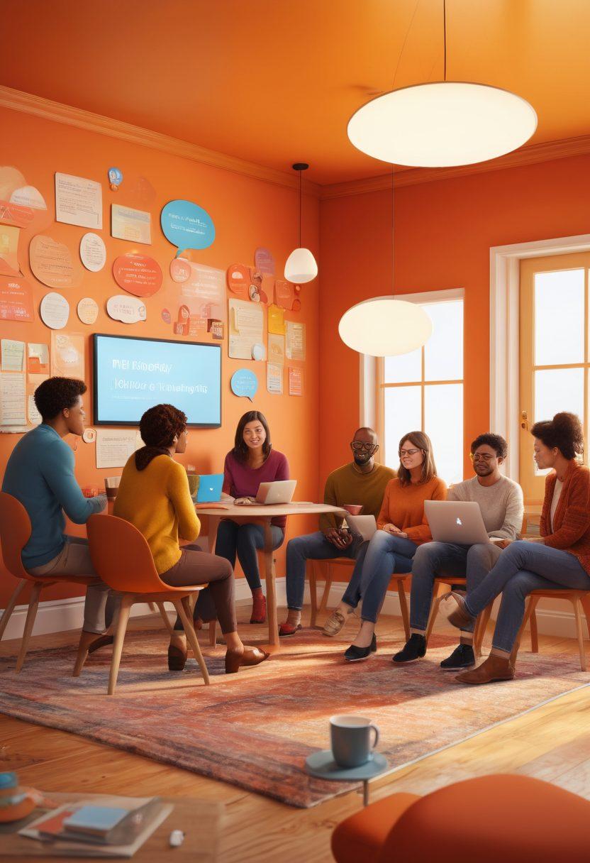 A cozy digital space featuring a laptop surrounded by diverse people engaged in animated discussions, with vibrant thought bubbles illustrating their ideas. Warm colors dominate the scene, with elements like coffee cups and books to enhance a welcoming atmosphere. Include varied cultural symbols to represent inclusivity and connection. super-realistic. warm colors. 3D.